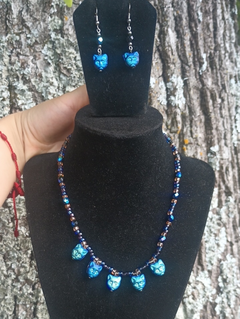 Vintage Glass Cat Necklace And Earrings Set